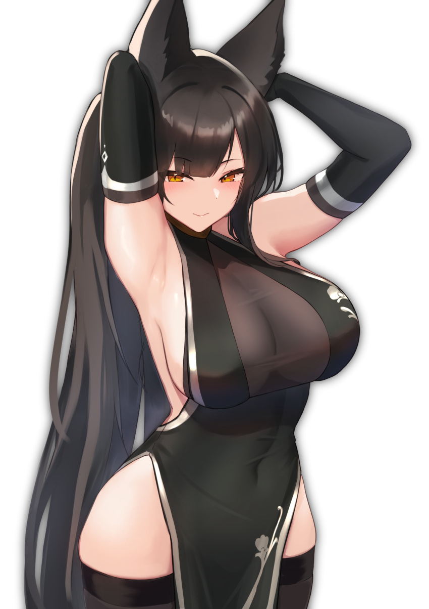 animal_ears armpits arms_behind_head arms_up bangs black_dress black_gloves black_hair black_legwear breasts closed_mouth covered_navel cowboy_shot dress elbow_gloves eyebrows_visible_through_hair female gloves grey_background highres large_breasts long_hair looking_at_viewer orange_eyes original pelvic_curtain presenting_armpit see-through see-through_dress simple_background sleeveless sleeveless_dress smile solo standing suzuya_(maru) thighhighs very_long_hair