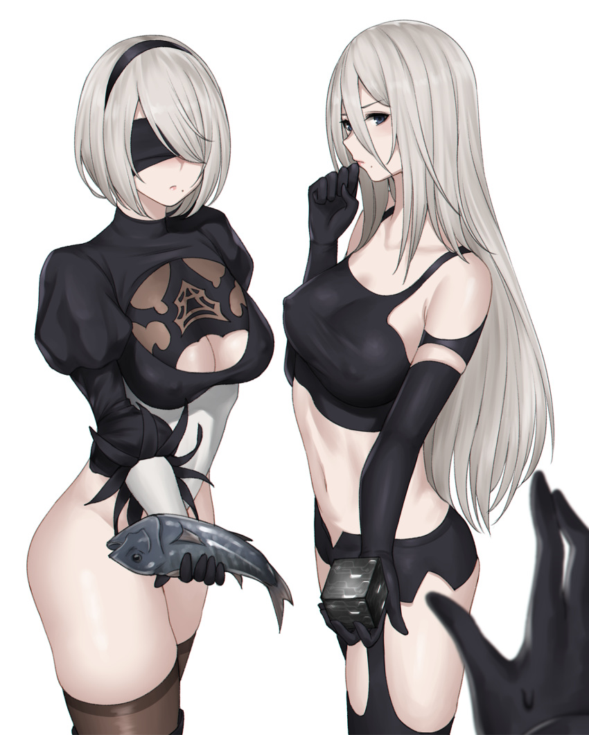 2girls android animal bangs bare_shoulders black_gloves black_legwear black_tank_top blindfold breasts cleavage closed_mouth clothing_cutout collarbone commentary_request covered_erect_nipples elbow_gloves feather_trim fish gloves grey_eyes highleg highleg_leotard highres holding kuronerinka leotard lips long_hair long_sleeves looking_at_viewer medium_breasts midriff mole mole_under_mouth multiple_girls navel nier:_automata nier_(series) nyatokanyaru out_of_frame puffy_sleeves shiny shiny_clothes shiny_skin short_hair shorts simple_background sleeveless stomach tank_top thighhighs thighs white_background white_hair yorha_2b yorha_a2