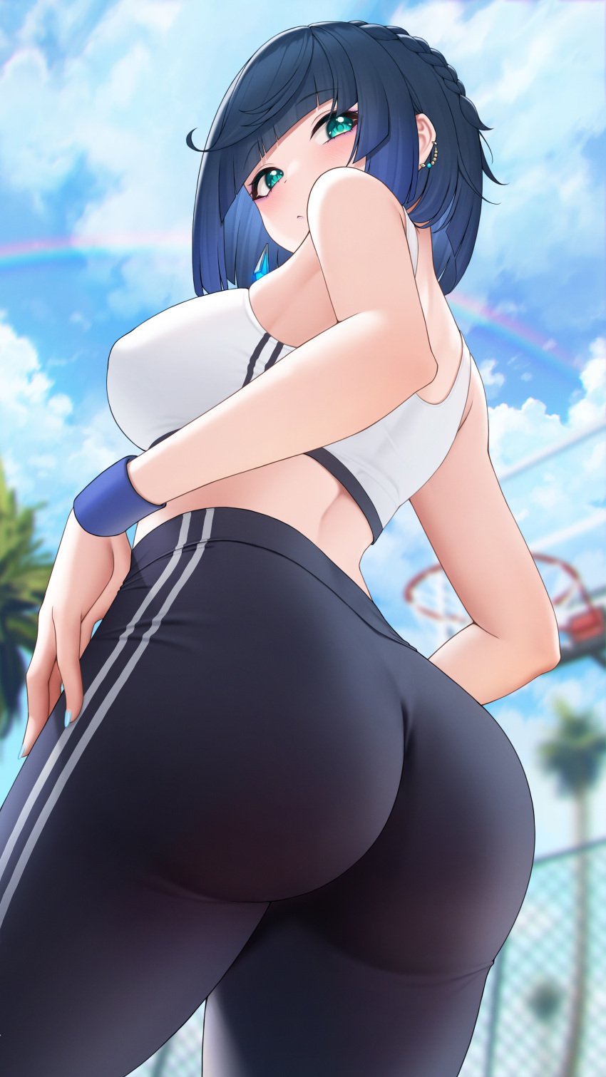 1girls 2d absurd_res arched_back ass ass_focus bangs bare_shoulders big_ass big_breasts big_butt blue_hair blush braid breasts butt_focus detailed_background earrings female female_only from_behind from_below fukuro_ko_(greentea) genshin_impact green_eyes huge_ass huge_breasts huge_butt large_ass large_breasts light-skinned_female light_skin looking_at_viewer looking_down nipple_bulge outside pale-skinned_female pale_skin rainbow short_hair sideboob solo sports_bra sportswear thick thick_ass thick_thighs thighs tight_clothing yelan_(genshin_impact) yoga_pants