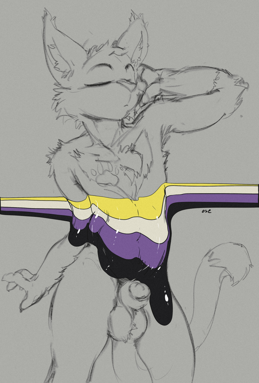 anthro balls biped cheek_tuft chest_tuft closed_eyes dipstick_tail ear_tuft elbow_tufts facial_tuft felid footprint front_view genitals hand_behind_head head_tuft hi_res inner_ear_fluff lgbt_pride male mammal markings nonbinary_pride_colors oselotti partially_colored pawprint pawprint_marking penis penis_tip pride_colors shoulder_tuft solo tail_markings tuft