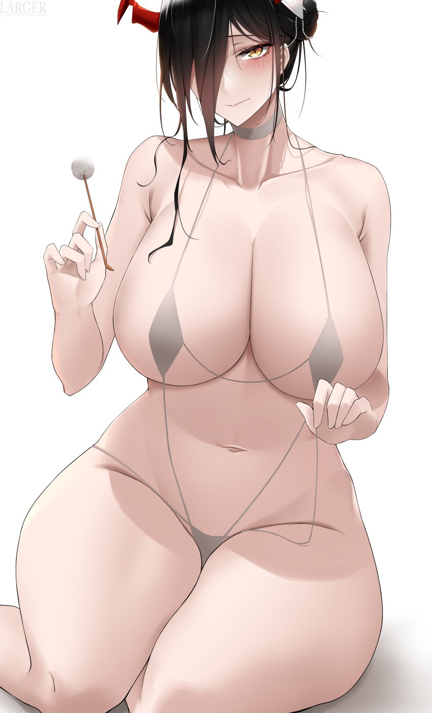 1girls 2022 azur_lane bikini black_hair blush breasts female female_only friedrich_der_grosse_(azur_lane) hair_over_one_eye hi_res hips holding_object hourglass_figure huge_breasts larger_bmx looking_at_viewer massive_breasts slim_waist thick_thighs thighs tied_hair white_bikini wide_hips yellow_eyes