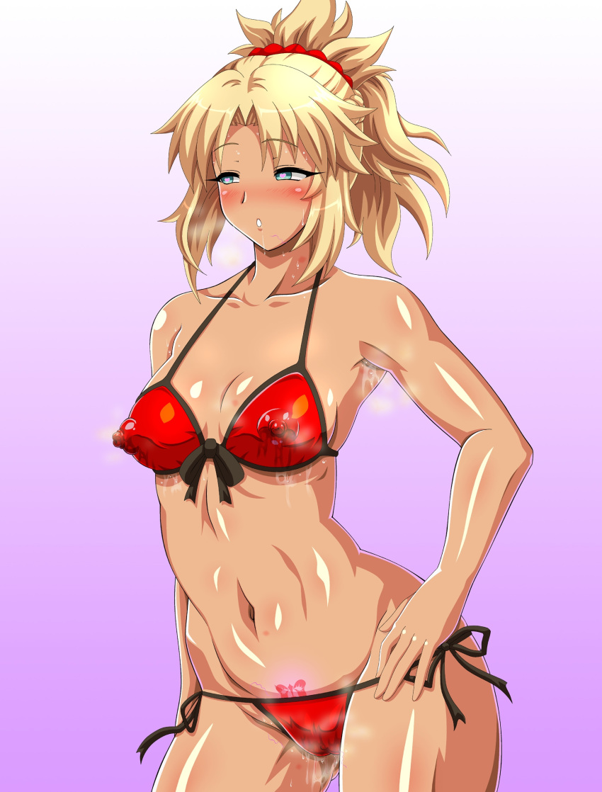 1girls baaki blonde_hair fate/apocrypha fate/grand_order fate_(series) mordred_(fate) mordred_(swimsuit_rider) only_female red_bikini solo solo_female solo_focus tagme tan_skin