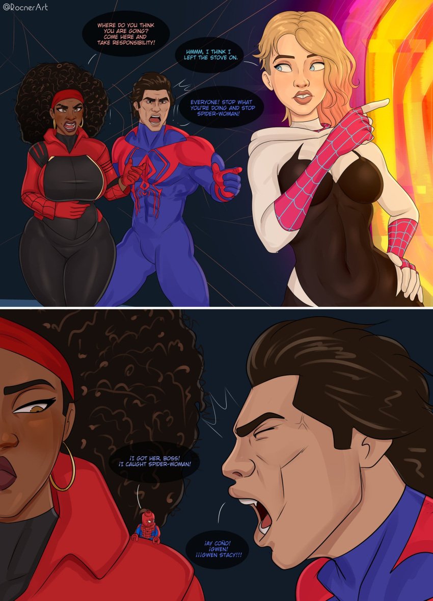 1boy 1futa 1girls after_sex after_vaginal big_breasts black_hair blonde_hair blue_eyes breasts brown_eyes clothed clothing color comic curvaceous curvy dark-skinned_female dark-skinned_male dark_skin dialogue earrings english_text female fully_clothed futa_wife futanari gwen_stacy gwen_stacy_(spider-verse) hourglass_figure human implied_futanari interracial jessica_drew jessica_drew_(earth-332) lego lego_spider-man light-skinned_futanari light_skin male marvel miguel_o'hara milf portal pregnant ready_to_pop rocner screaming short_hair small_breasts source_request spider-gwen spider-man:_across_the_spider-verse spider-man:_into_the_spider-verse spider-man_(series) standing tagme take_responsibility text