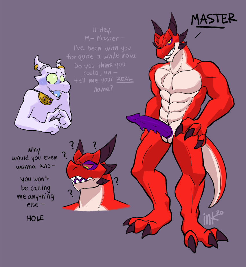 2020 absurd_res animal_genitalia anthro claws dialogue digital_media_(artwork) dragon duo english_text erection faessi genital_slit genitals hi_res horn_jewelry kobold lock-wolf male master_(sevenink) muscular muscular_anthro muscular_male penis purple_penis question_mark red_body red_scales red_sclera scales scar simple_background slit solo_focus text toe_claws white_body yellow_eyes