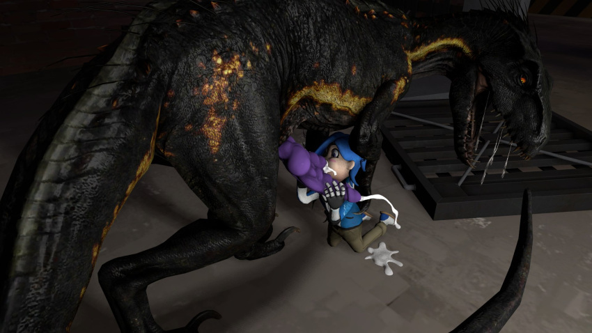 1boy 1girls 3d 3d_(artwork) black_skin blowjob blue_eyes blue_hair carnivore classic_tari_(smg4) claws cum dinosaur diphallia diphallism drooling female feral feral_on_human fictiosexual forced forced_blowjob glitch_productions human hybrid indoraptor jurassic_world jurassic_world_fallen_kingdom looking_at_another looking_at_penis male multi_penis penis quadruped quills sharp_teeth sickle_claw smg4 sucking_penis superhybrid tail tari_(smg4) theropod universal_studios yellow_stripes youtube zoophilia