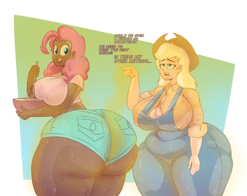 2girls applejack_(mlp) areolae bad_smell basic_background black_skin blue_eyes cooking cowboy_hat dark-skinned_female english_text equestria_girls female_focus female_only green_cloud green_eyes huge_ass huge_breasts huge_thighs humanized jeans light-skinned_female looking_back mlp mrwastemaster musk my_little_pony pink_hair pinkie_pie_(mlp) pointing simple_background smelly smile smiling smooth_skin sweat sweating text thick_thighs tired yellow_hair