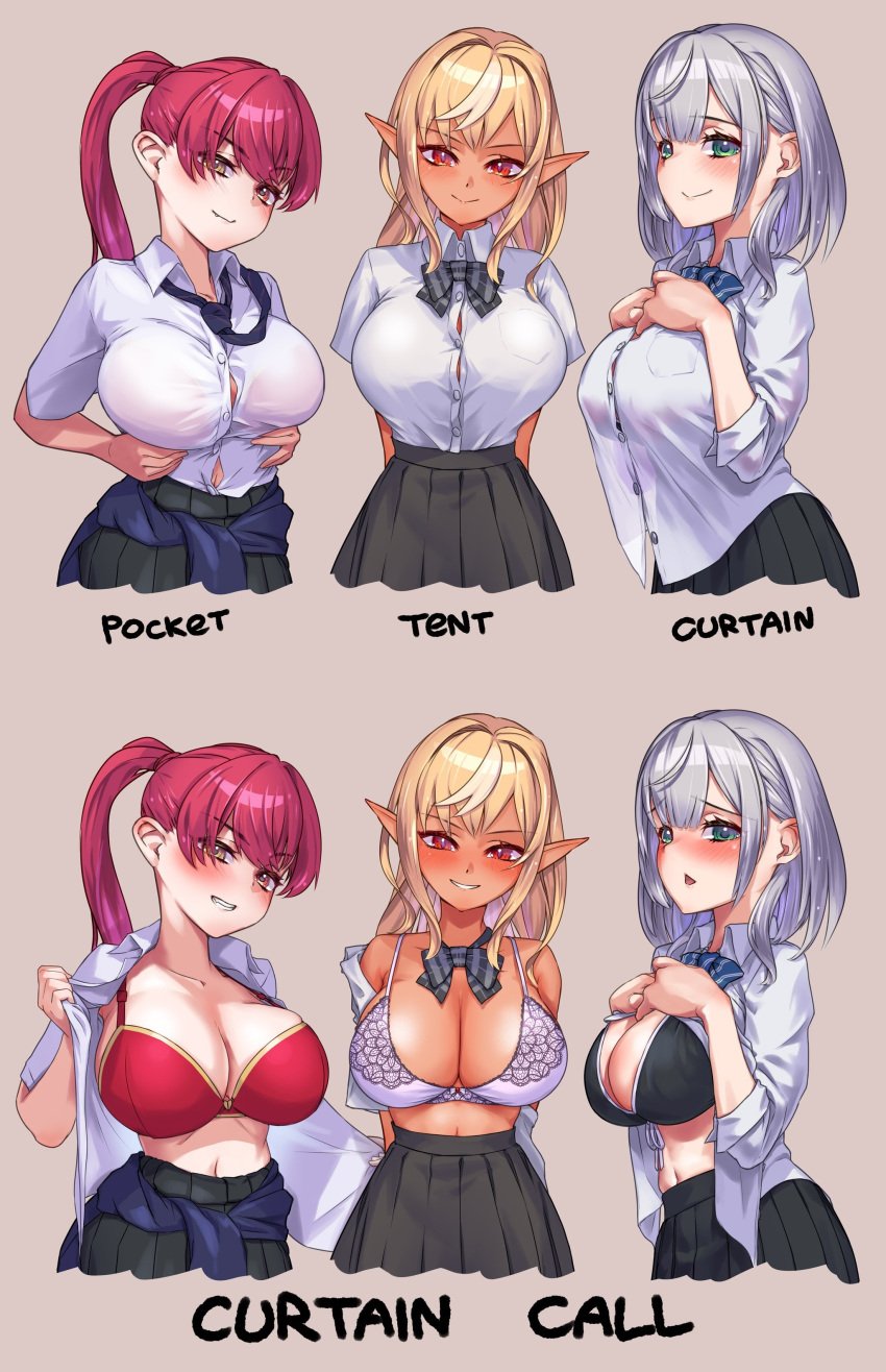 2koma 3girls big_breasts black_bra black_skirt blonde_hair blush blushing_at_viewer bowtie bowtie_collar bra breasts button_down_shirt button_gap cleavage dark-skinned_female different_poses elf elf_female embroidered_bra english_text exposed_breasts female female_focus female_only fully_clothed green_eyes grey_hair hololive hololive_fantasy hololive_japan hourglass_figure houshou_marine human in_heat large_breasts light_purple_bra looking_at_viewer multiple_girls necktie otk ponytail presenting presenting_breasts purple_bra red_bra red_eyes red_hair seductive seductive_smile shiranui_flare shirogane_noel short_hair silver_hair simple_background skirt text tied_hair unbuttoned unbuttoned_shirt upper_body virtual_youtuber voluptuous yellow_eyes youtube youtuber