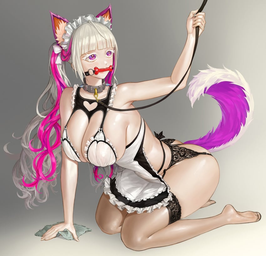 1girls ahoge alternate_costume animal_ears apron arm_support arm_up ass bangs bit_gag breasts buttplug_tail chronodash cleavage collar dog_ears dog_girl eternity_(last_origin) eternity_(straitjacket)_(last_origin) female female_only femsub frills gag garter_straps heart heart-shaped_pupils heart_cutout highres kneeling large_breasts last_origin leaning_forward leash light-skinned_female light_skin long_hair looking_up maid maid_apron maid_headdress metal_collar official_alternate_costume pink_hair purple_hair revealing_clothes silver_hair skimpy_clothes solo stockings symbol-shaped_pupils tail thighhighs twintails two_tone_hair