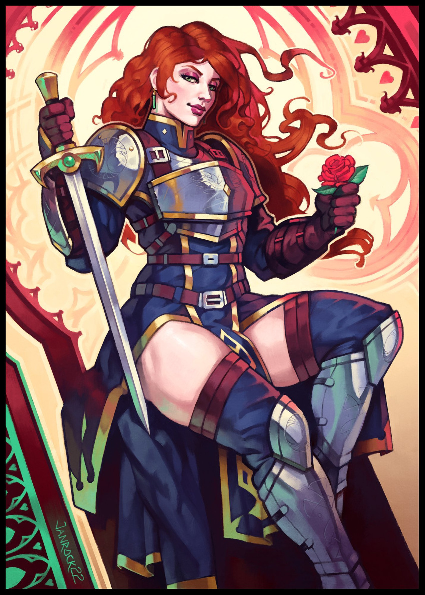 1girls armor earrings elaina_woodlock female_only flower green_eyes hips janrock lips long_hair looking_at_viewer pale-skinned_female pale_skin pose red_hair rose_(flower) sitting solo_female sword thick_thighs thighs wide_hips