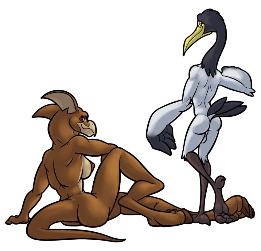 1boy 1girls amber_eyes anthro ass backsack balls bassybefuddle beak bird_feet breasts crane_(bird) crossover don_bluth dreamworks duo feathers female genitals hi_res kung_fu_panda looking_at_viewer male mantrin master_crane nipples nude rear_view red_eyes stith tail_feathers titan_a.e.