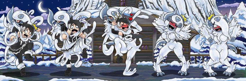 absol absurd_res anthro blue_eyes blush detailed_background duo enjoyment female goo_transformation grizzlydafurry_(artist) heart hi_res human latex_transformation mammal marley_(pokemon) mega_absol merging nintendo orange_eyes penetration pokémon_(species) pokemon pokemon_(species) rubber scared surprised_expression symbiote tentacle tentacle_penetration transformation transformation_sequence video_games