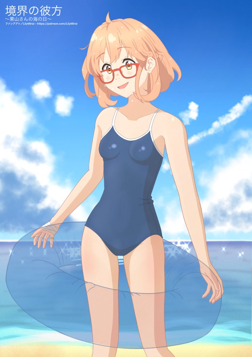 1girls bandage beach beachside beyond_the_boundary brown_eyes female floatie glasses kuriyama_mirai kyoukai_no_kanata lilymirai looking_at_viewer orange_hair red_glasses ring school_swimsuit smiling smiling_at_viewer sukumizu swimsuit thigh_gap thighs wet wet_hair wet_skin