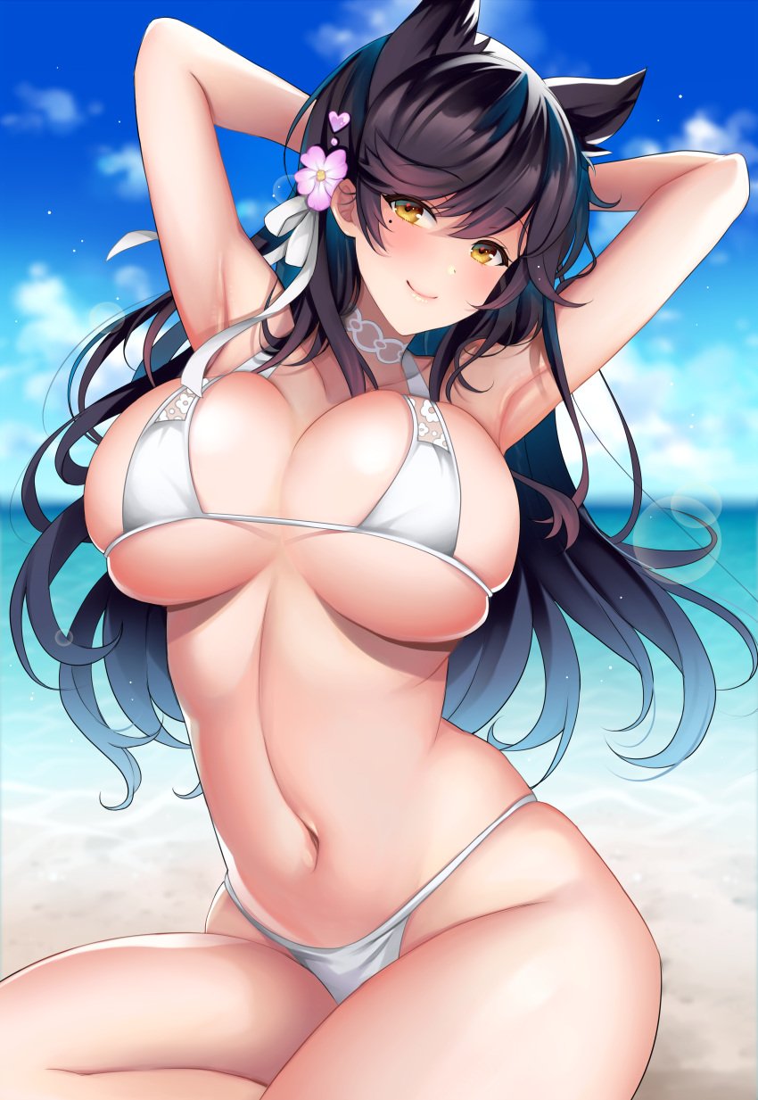 1girls 4k absurd_res animal_ears armpits arms_behind_head arms_up atago_(azur_lane) atago_(summer_march)_(azur_lane) azur_lane bangs bare_shoulders beach beauty_mark belly bikini bikini_bottom bikini_top black_hair blue_sky blush bra breasts cat_ears choker cleavage closed_mouth cloud collarbone cowboy_shot day dog_ears extra_ears eyebrows_visible_through_hair female female_focus female_only flower flower_in_hair groin hair_between_eyes hair_flower hair_ornament hair_ribbon hands_behind_head head_tilt highleg highleg_bikini highres large_breasts light-skinned_female light_skin long_hair looking_at_viewer mole mole_under_eye navel ocean outdoors panties pantsu ribbon sakura_empire_(azur_lane) sand shadow sidelocks sitting sky smile smiling solo stomach swept_bangs swimsuit thick_thighs thighs tight_fit underboob white_bikini white_bikini_bottom white_bikini_top white_choker white_ribbon yellow_eyes yukinimaru