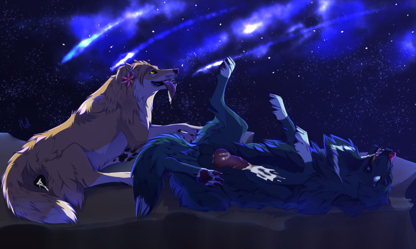 adults alpha_and_omega canid canine canis duo female feral kate_(alpha_and_omega) male male/female mammal marmenuar night sky star wolf ych_result yrakell