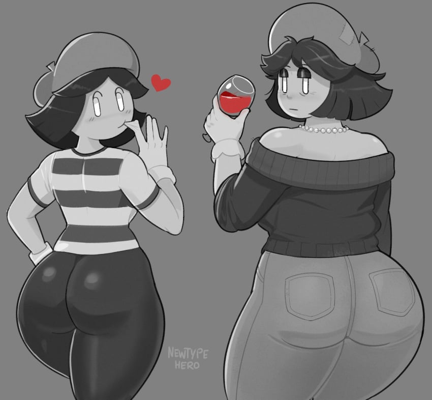 2girls accessory ass ass_focus back_to_viewer bare_shoulders beret big_ass big_butt black_and_white black_hair black_sweater blush_stickers bubble_butt curvy domino_(nuclearmime) fat_ass female female_focus female_only gloves greyscale heart jeans jewelry large_ass looking_back milf mime mime_girl mob_face momino_(nuclearmime) monochrome mother_and_daughter necklace newtype_hero original_character original_characters short_hair simple_background smirk striped_clothing tagme thick_ass thick_thighs thighs voluptuous white_eyes white_gloves wine wine_glass