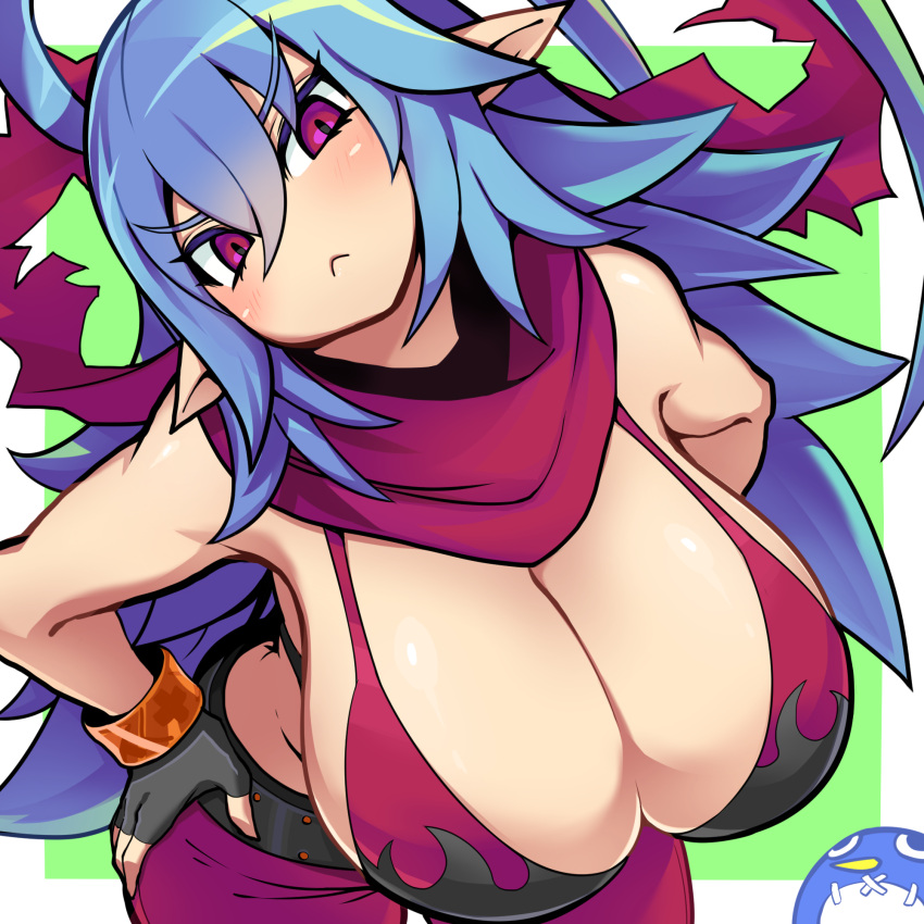 1girls alternate_version_available belt big_breasts bikini bikini_top black_gloves blue_hair blush blushing_at_viewer breasts busty cleavage closed_mouth disgaea disgaea_d2 eye_contact female female_focus female_only fingerless_gloves flame_print gloves hair_between_eyes hand_on_hip kara_age laharl laharl-chan large_breasts light-skinned_female light_skin long_hair looking_at_viewer nippon_ichi_software pointy_ears purple_eyes scarf simple_background solo solo_female spiky_hair swimsuit tagme wrist_cuffs