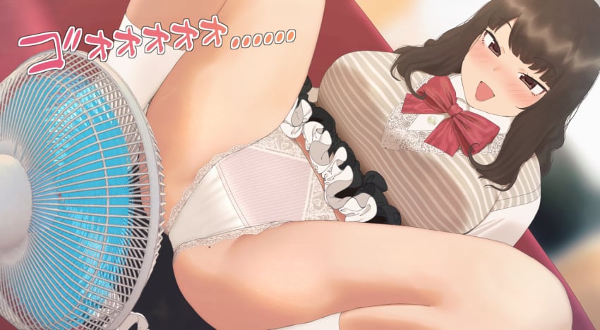 1girls bbw big_breasts blush breasts chubby electric_fan fan female female_only huge_breasts lace_panties original panties plump ryokucha_michi spread_legs sweat