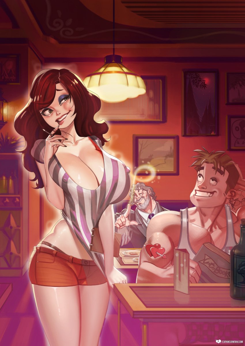 breast_expansion brown_hair expansion expansion-fan-comics eyeshadow magic restaurant shorts stripes waitress wizard