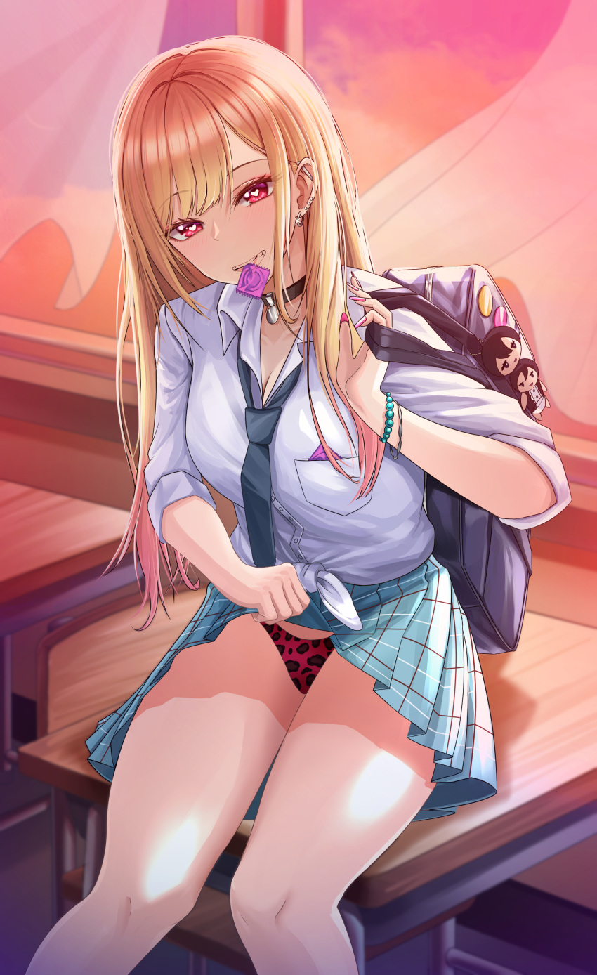 condom_in_mouth condom_in_pocket gyaru heart_eyes kitagawa_marin leopard_print leopard_print_panties lifted_by_self looking_at_viewer multicolored_hair panties school_uniform schoolgirl sitting_on_desk skirt_lift smiling_at_viewer sono_bisque_doll_wa_koi_wo_suru thighs underwear