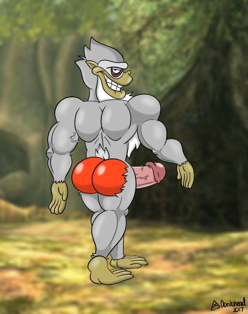 1boy 2017 absurd_res anthro artist_name ass baboon bara bedroom_eyes big_butt big_penis bite biting_lip detailed_background digital_media_(artwork) doritohead dot_eyes erection feet fingers fur gay genitals grey_body grey_fur haplorhine hi_res huge_cock looking_at_viewer looking_back male male_only mammal monkey multicolored_body multicolored_fur muscular muscular_anthro muscular_male narrowed_eyes nintendo nude old_world_monkey ook outside penis primate seductive short_tail signature simple_eyes smile solo standing teeth the_legend_of_zelda twilight_princess two_tone_body two_tone_fur uncensored vein veiny_penis video_games white_body white_fur