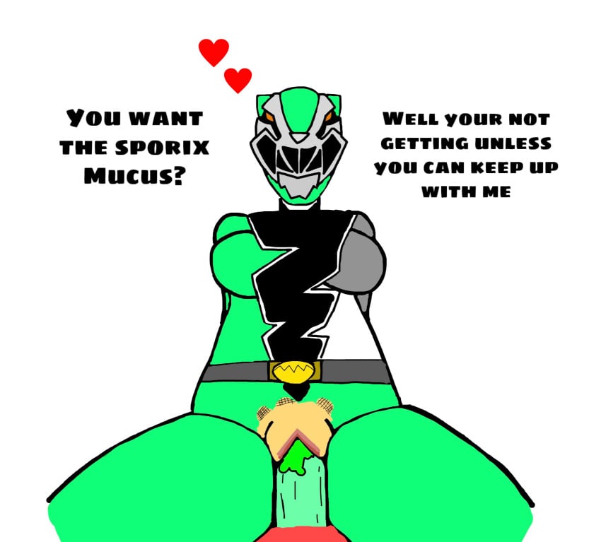 1boy 1girls anonymous_artist bodysuit clothed clothing dialogue female female_focus green_ranger human looking_at_viewer mostly_clothed penetration penis_in_pussy power_rangers pussy riding sex sitting_on_penis slime_girl solo_focus text vaginal_penetration