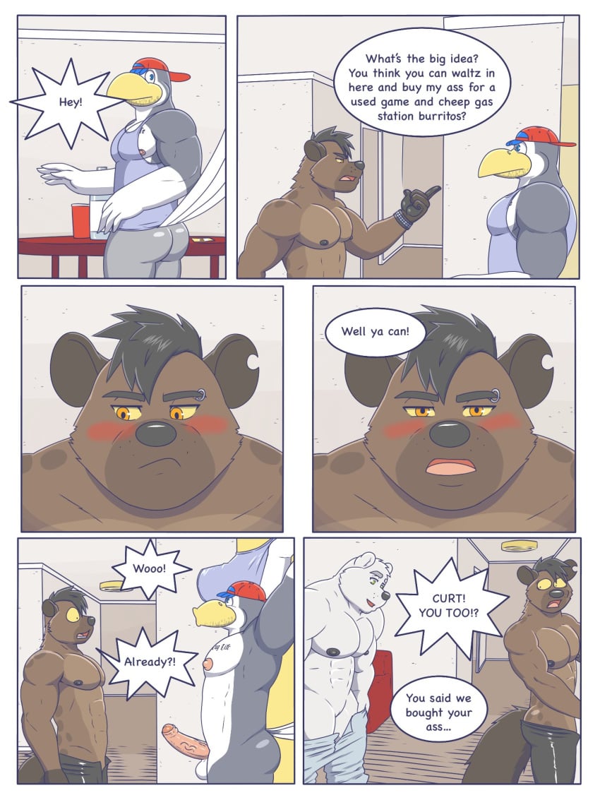 anthro ass avian backwards_baseball_cap backwards_hat balls baseball_cap bird blush cheech clothed clothing comic curt_(rainyatsu) english_text erection gay genitals group hat headgear headwear hi_res humanoid_genitalia humanoid_penis hyaenid male male/male mammal muscular nipples notched_ear nude penis polar_bear rain-yatsu red_clothing red_headwear spotted_hyena text topless undressing ursid ursine