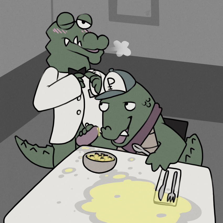 absurd_res alligator alligatorid anthro argon_vile blush bodily_fluids bottomless bottomless_male bow_tie bowl breakfast breath bub_(later_alligator) cereal clothed clothing container crocodilian duo food furniture gay genital_fluids genitals handjob hat headgear headwear hi_res later_alligator male male/male one_eye_closed pat_(later_alligator) penile penis reptile restaurant scalie sex silverware table urine urine_drip urine_in_bowl urine_stain waiter watersports