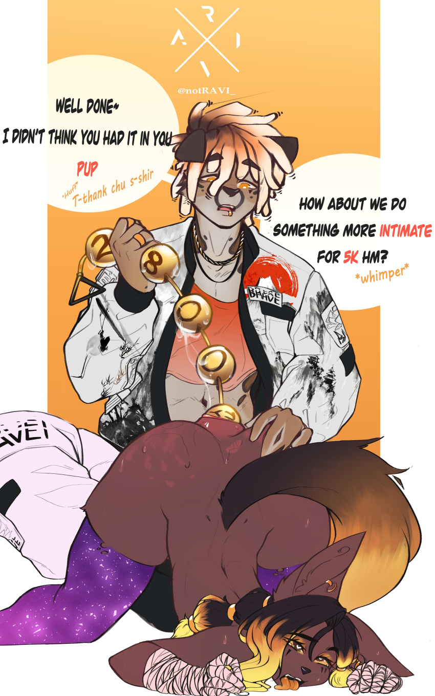 <3_eyes absurd_res ahe_gao anal_beads anthro anubian_jackal ass_up big_ass big_ass_(male) brown_body brown_fur canid canine canis clothing crop_top dialogue duo ear_piercing english_text felid feline fur girly heart hi_res jackal legwear looking_pleasured male male/male mammal mostly_nude mostly_nude_male notravi piercing purple_clothing purple_legwear purple_thigh_highs sex_toy shirt speech_bubble text thigh_highs topwear