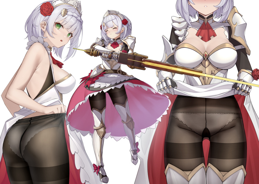 1girls armor ass big_breasts black_legwear braid breastplate breasts cleavage closed_eyes dress from_behind genshin_impact green_eyes head_out_of_frame hi_res maid maid_headdress maid_uniform noelle_(genshin_impact) panties pantyhose see-through see-through_clothing short_hair skirt_lift sword terebi_(shimizu1996) underwear