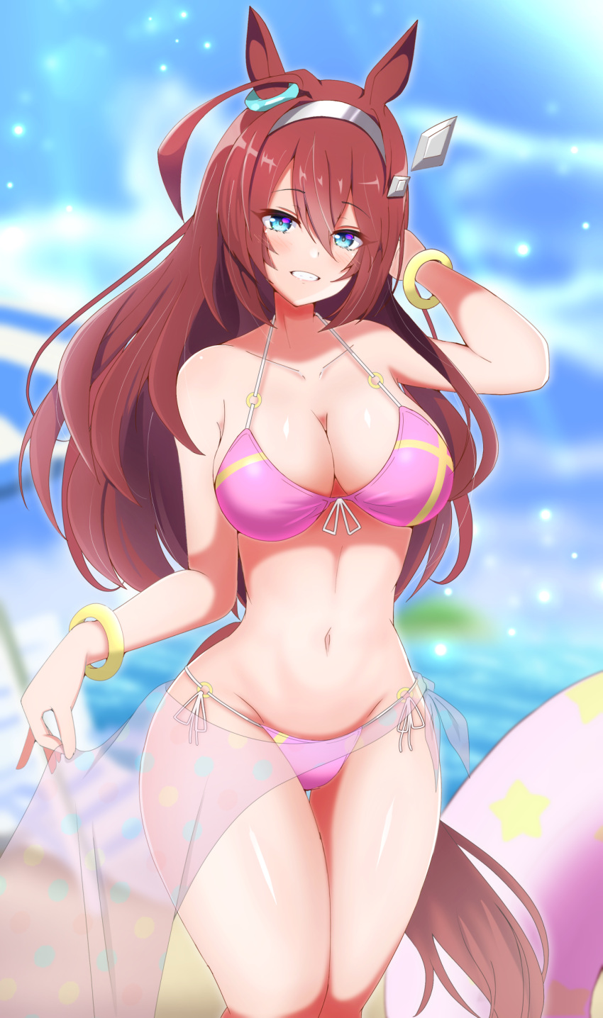 animal_ears bangs bare_arms bare_shoulders bikini blue_eyes blue_sky blurry blurry_background breasts brown_hair commentary cowboy_shot day eyebrows_visible_through_hair female gema_sora grey_hairband grin groin hair_between_eyes hairband highres horse_ears innertube large_breasts long_hair looking_at_viewer mihono_bourbon_(umamusume) navel pink_bikini sarong sky smile solo standing stomach swimsuit thighs umamusume very_long_hair