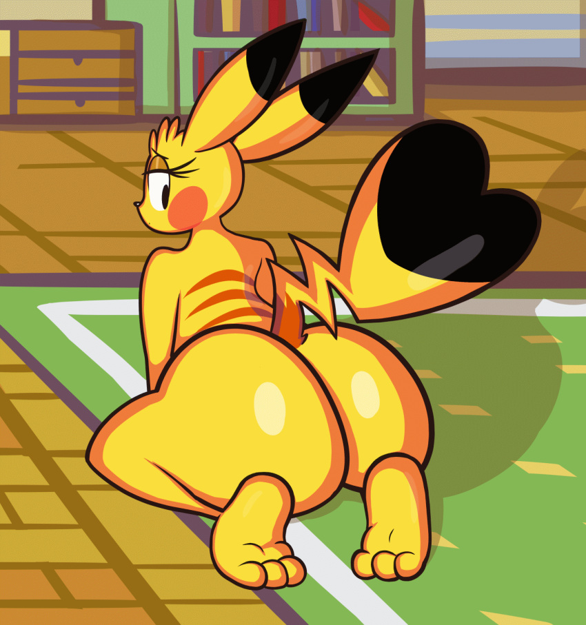 animated anthro ass bedroom_eyes blackmore bubble_butt cosplay_pikachu digital_media_(artwork) feet female hi_res looking_back narrowed_eyes nintendo pikachu pokémon_(species) pokemon raised_tail seductive shaking_butt sitting solo solo_focus twerking video_games