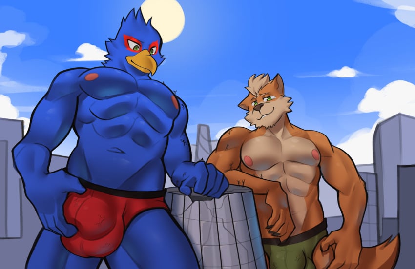 anthro avian bird building bulge bulge_grab canid canine city clothing duo falco_lombardi fox fox_mccloud hi_res macro male mammal nintendo rygel_spkb speedo star_fox swimwear video_games worship