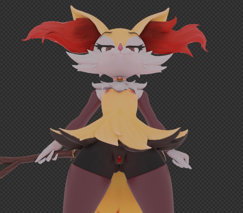 3d_(artwork) anthro blender_(disambiguation) braixen clothing collar digital_media_(artwork) dominant dominant_female female flat_chested hi_res inner_ear_fluff legwear nintendo pokémon_(species) pokemon pokemon_(species) simple_background sleeves smug sneakyphox solo stick stockings tuft video_games