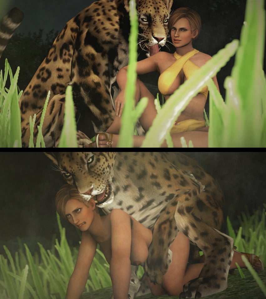 1girls 2_panel_comic 3d big_cat biting_lip brown_eyes brown_hair brown_skin dark-skinned_female dark_skin dead_or_alive doggy_style feline female female_on_feral feral_on_female growling heels high_heels human_on_feral jaguar jungle licking licking_shoulder lisa_hamilton looking_at_viewer mktrreekky nude nude_female on_knees open_toe_shoes sandals sex short_hair source_filmmaker two_panel_image zoophilia