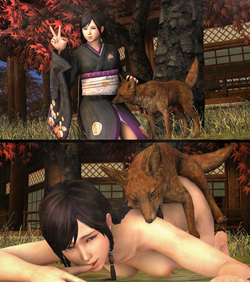 1girls 2_panel_comic 3d barefoot biting biting_shoulder biting_thumb black_hair blue_eyes breast_press breasts canine dead_or_alive doggy_style female female_on_feral feral_on_female fox human_on_feral japanese japanese_clothes kimono kokoro_(doa) long_hair looking_at_viewer mktrreekky nude nude_female peace_sign petting scratching sex size_difference source_filmmaker thumb_in_mouth two_panel_image zoophilia