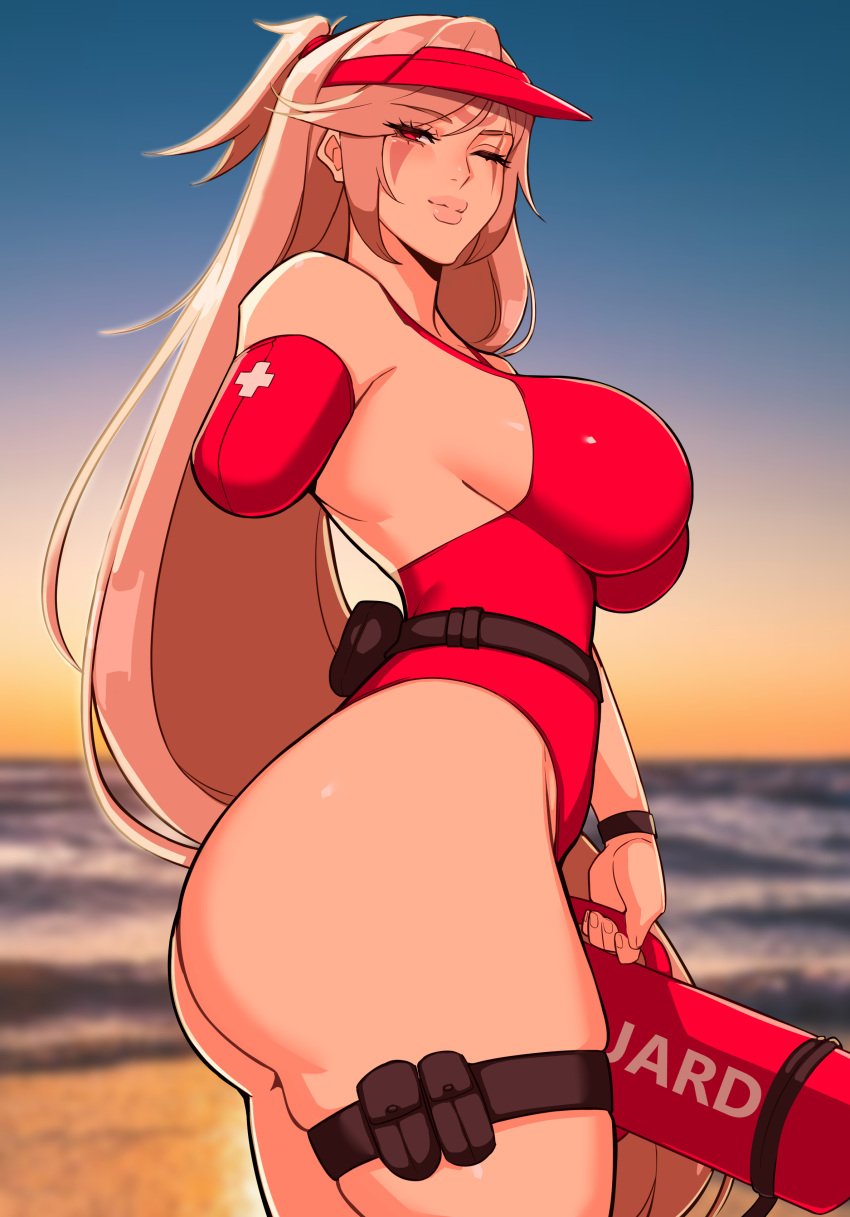 1girls absurd_res alecto_0 amputee ass baiken breasts curvaceous curvy female female_only guilty_gear hi_res large_breasts lifeguard one_eye_closed red_eyes skindentation solo thick_thighs thighs