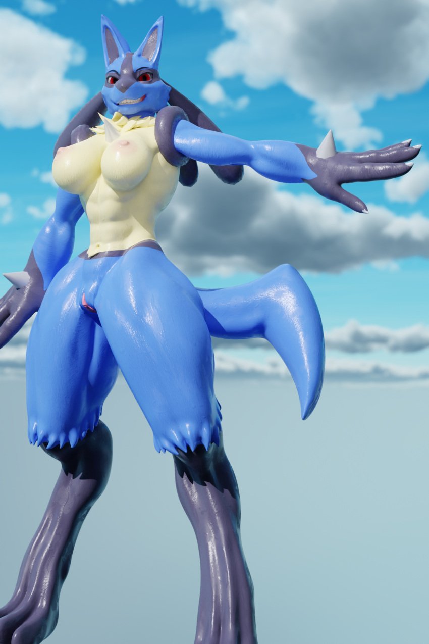 3d 3d_(artwork) anthro areola blender_(software) blue_body blue_fur breasts canid canine canis chocoscorner daemonanimate digital_media_(artwork) female female_lucario fur furry furry_only genitals grin hi_res lucario muscular nails naked nintendo nipples nude pink_nipples pokemon pokemon_(species) pussy red_eyes sky smile solo tail teeth video_games wet wet_body wet_skin yellow_body