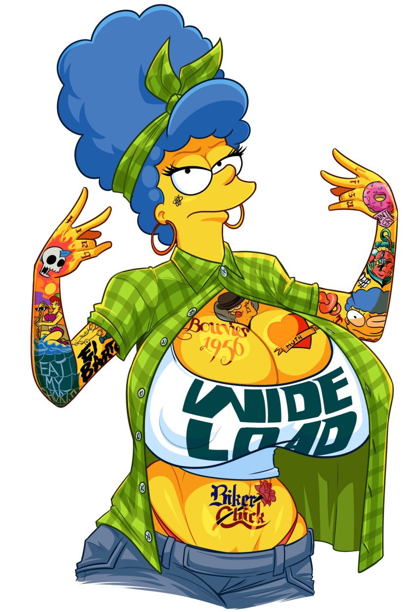 alternate_breast_size alternate_costume blue_hair breast_tattoo chola earrings face_tattoo female female_only hair_band high_waisted_thong hoop_earrings huge_breasts kogeikun marge_simpson midriff panties_peek stomach_tattoo tagme tattoos the_simpsons white_background yellow_skin