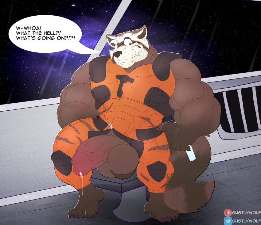 absurd_res anthro balls big_balls big_penis bodily_fluids brown_body brown_fur clothed clothing cum erection fur genital_fluids genitals growth guardians_of_the_galaxy hi_res humanoid_genitalia humanoid_penis hyper incrediblecrocodile male male_only mammal marvel muscle_growth muscular muscular_anthro muscular_male nude penis procyonid raccoon rocket_raccoon solo