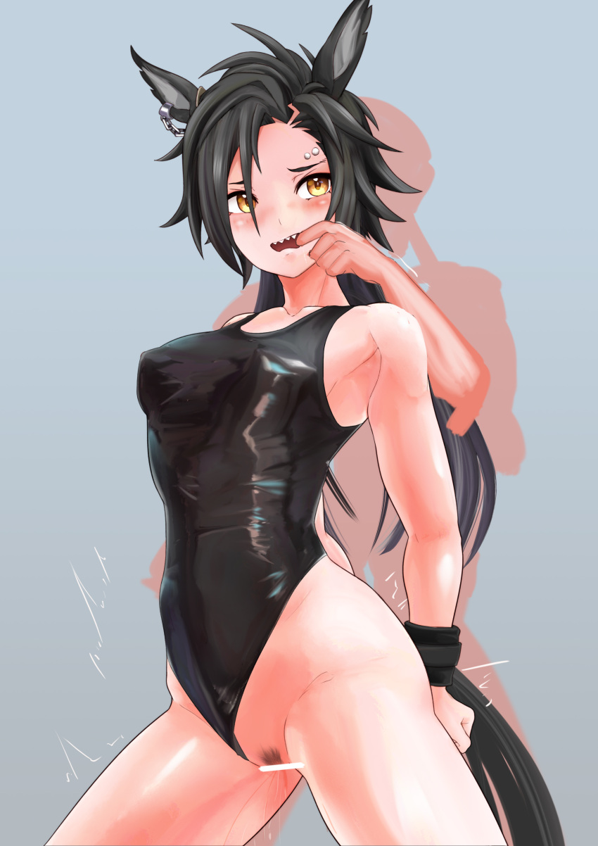 1girls arms_behind_back bar_censor black_hair black_swimsuit blush disembodied_hand ear_piercing facial_piercing female female_focus finger_in_mouth horse_ears horse_girl horse_tail kaischidennmk2 kemonomimi long_hair looking_back nipple_bulge one-piece_swimsuit piercings pubic_hair punk punk_girl pussy_juice shakur_(umamusume) sharp_teeth spiky_hair swimsuit swimsuit_aside umamusume wrist_cuffs yellow_eyes