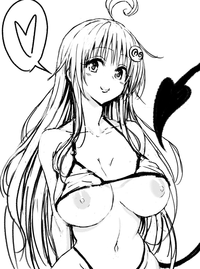 1girls ahoge bikini breasts breasts_out collarbone curvaceous curvy female fuchitoro lala_satalin_deviluke large_breasts linea_alba long_hair looking_at_viewer monochrome navel nipples smile solo spoken_heart tail to_love-ru