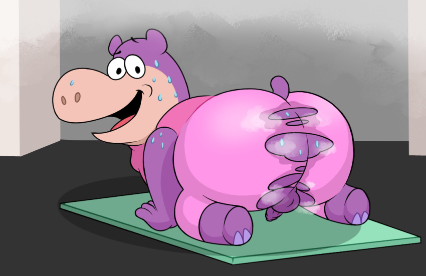 2022 all_fours anthro ass balls big_butt bodily_fluids clothed clothing common_hippopotamus genitals hanna-barbera havenstinkman hi_res hippopotamid humanoid_hands jellystone_(hbo_max) male mammal musk overweight overweight_male penis peter_potamus purple_body solo sweat