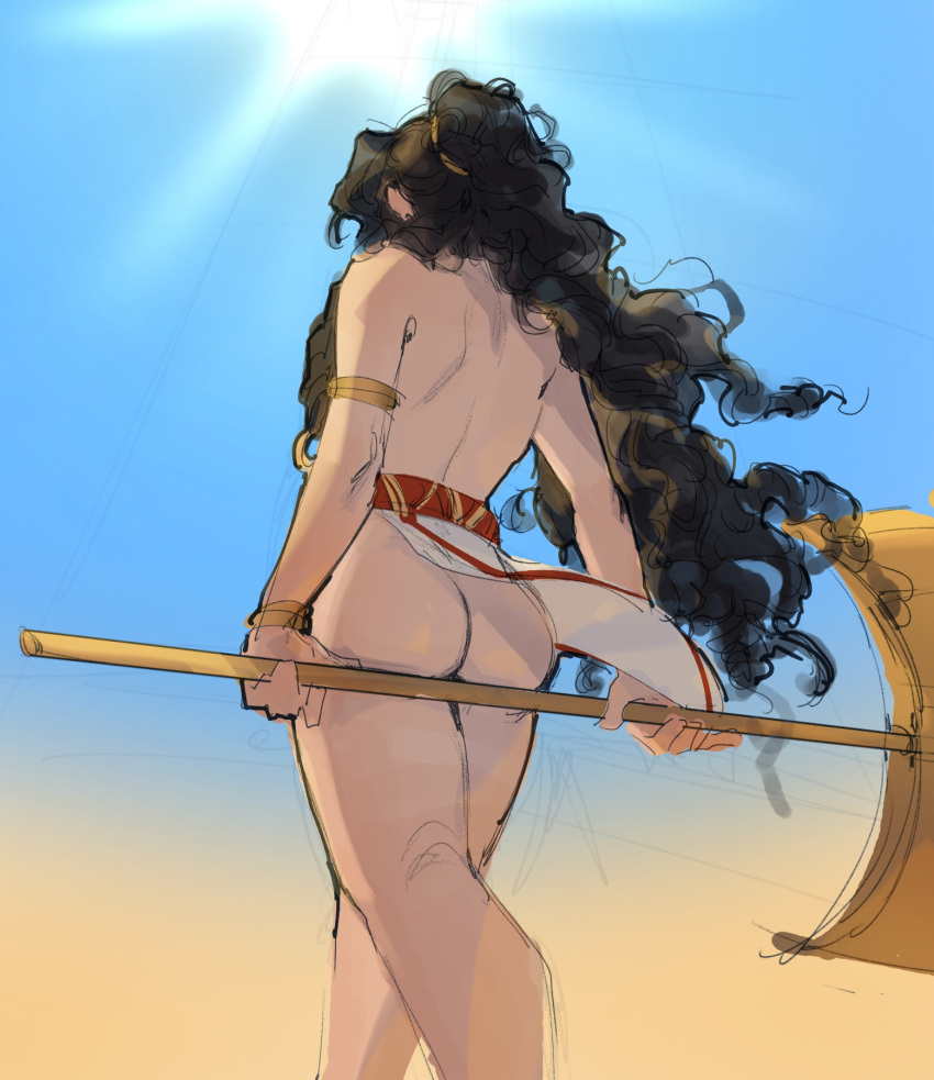 1girls ancient_greece armband ass ass_focus athletic_female axe battle_axe black_hair bottomless curly_hair european exposed_ass female female_only from_behind greece greek large_hair loincloth long_hair lullindo mediterranean national_personification nationbeingthing nude southern_european sunlight topless upshot weapon