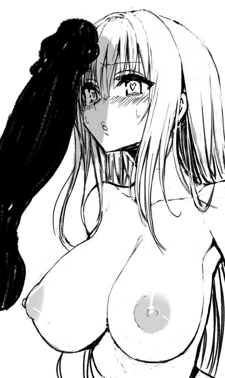 1girls breasts censored curvaceous female fuchitoro kotegawa_yui large_breasts long_hair male monochrome nipples nude partial_male penis penis_awe solo_focus to_love-ru