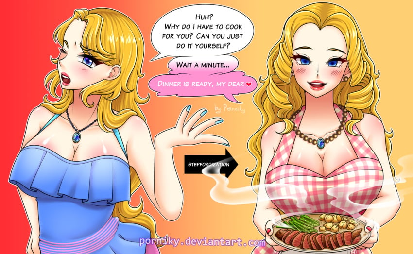 1girls apron apron_only attitude_adjustment before_and_after big_breasts blonde_hair blue_nails blush brainwashing cleavage color earrings empty_eyes femsub food haley_(stardew_valley) huge_breasts hypnosis jewelry long_hair looking_at_viewer mind_control necklace personality_change porniky stardew_valley stepford_wife stepfordization text wife