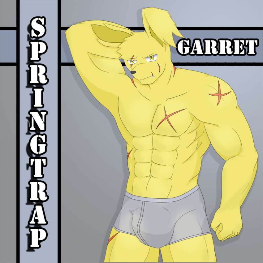 1boy boxers bulge five_nights_at_freddy's five_nights_at_freddy's_3 furry garret gray_background gray_boxers male male_only muscles rabbit scars solo solo_male springtrap springtrap_(fnaf) topless topless_male yellow_body yellow_eyes