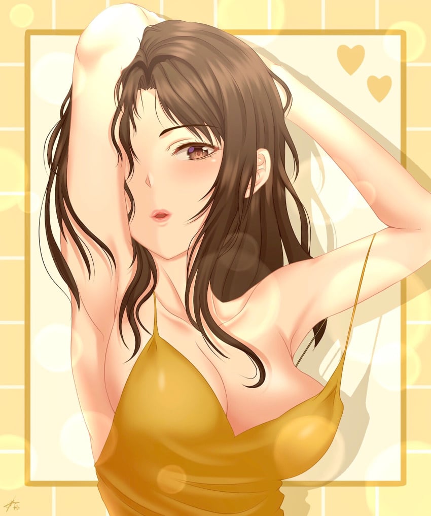 armpits arms_behind_head arms_up big_breasts brown_eyes brown_hair initial_d long_hair mako_sato mako_satou open_mouth satou_mako sleeveless sleeveless_shirt tagme