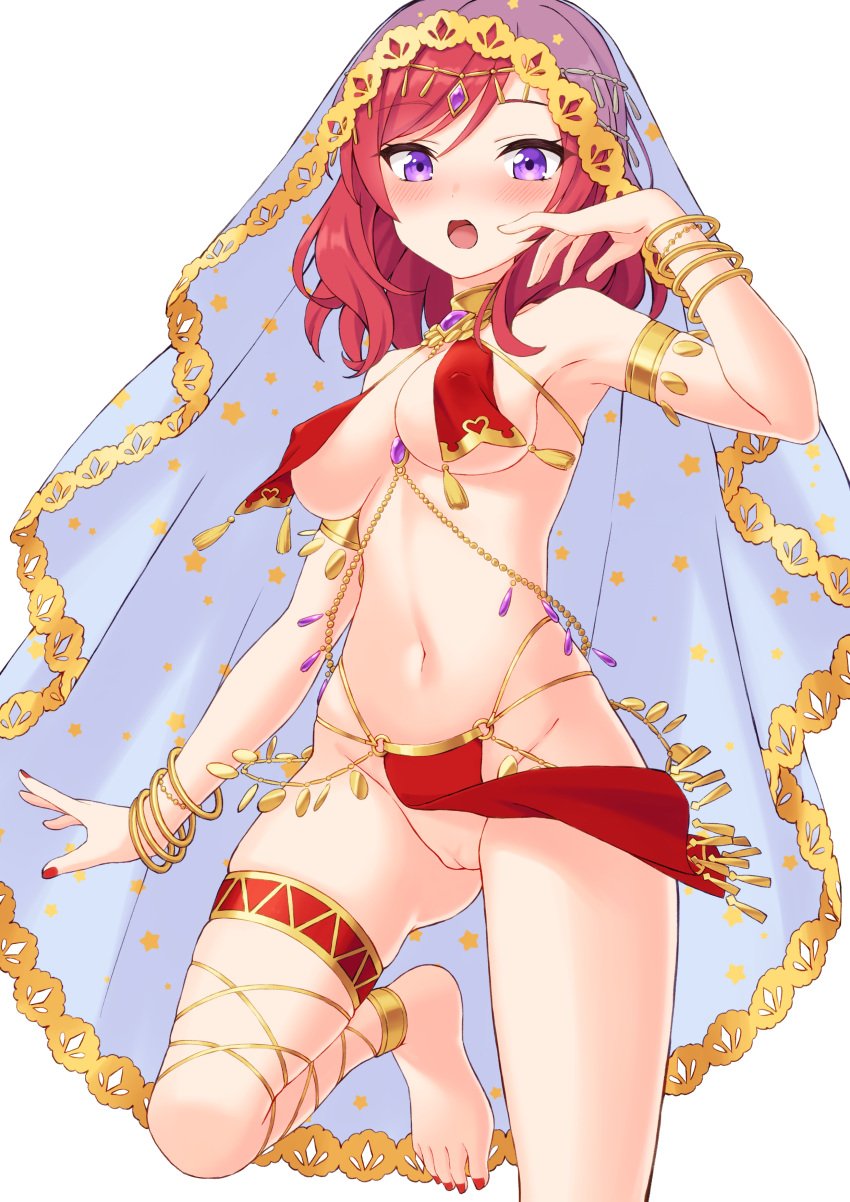 absurdres ankle_strap armband armpits ass_visible_through_thighs bangs bare_shoulders blush bracelet breasts chains cleavage commentary covered_nipples dancer eyebrows_visible_through_hair eyelashes feet female female_only forehead gem gold_chain gold_trim hand_up highres jewelry loincloth loincloth_lift looking_at_viewer love_live! love_live!_school_idol_project medium_breasts medium_hair nail_polish navel necklace nemou nishikino_maki no_bra no_panties open_mouth painted_fingernails painted_nails painted_toenails parted_bangs purple_eyes pussy red_nails revealing_clothes simple_background single_bare_leg solo standing standing_on_one_leg star_(symbol) star_print thigh_strap thighs toes veil white_background