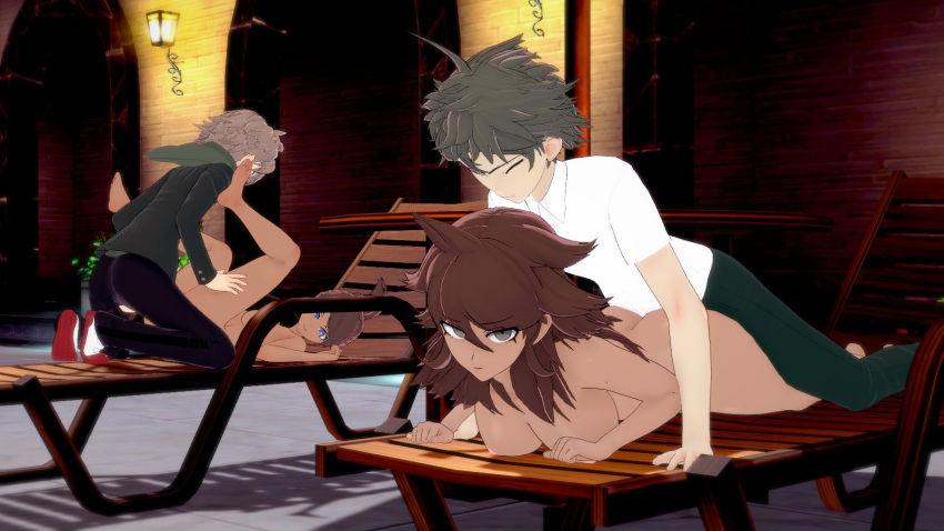 2boys 2girls 3d ambiguous_penetration asahina_aoi big_breasts blue_eyes brown_hair closed_eyes clothed_male clothed_male_nude_female danganronpa danganronpa_2:_goodbye_despair dark-skinned_female female grey_eyes hands_on_hips hinata_hajime koikatsu laying_down legs_apart legs_held_open legs_spread midori naegi_makoto naked_female nanamikibreeder nude_female owari_akane penetration sex sex_from_behind short_hair straight_hair tagme