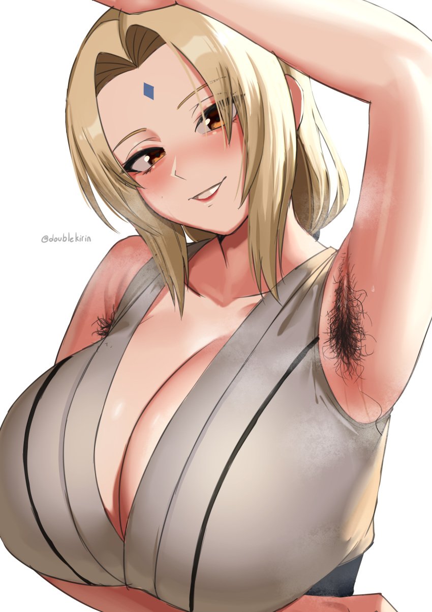 1girls 2022 alternate_version_available armpit_fetish armpit_hair armpits arms_up artist_signature blonde_hair blush breasts brown_eyes cleavage clothed clothed_female female female_only forehead_mark hairy_armpits hi_res huge_breasts kirinkirin long_hair looking_at_viewer mature_female milf naruto naruto_shippuden naughty_face sexy_armpits simple_background smile solo suggestive_look sweat sweaty_armpits sweaty_body tsunade